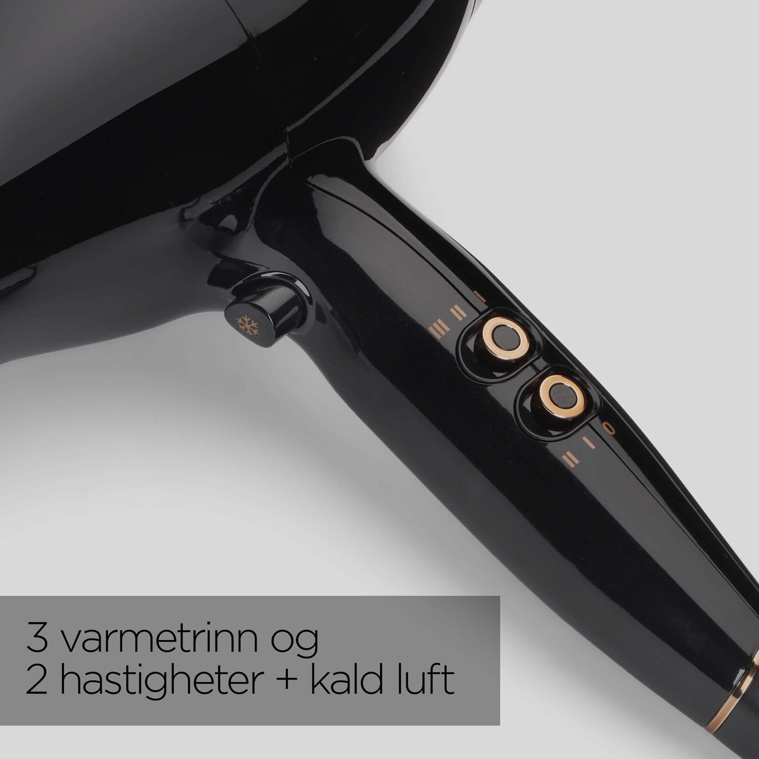 3 varmetrinn og 2 hastigheter + kald luft